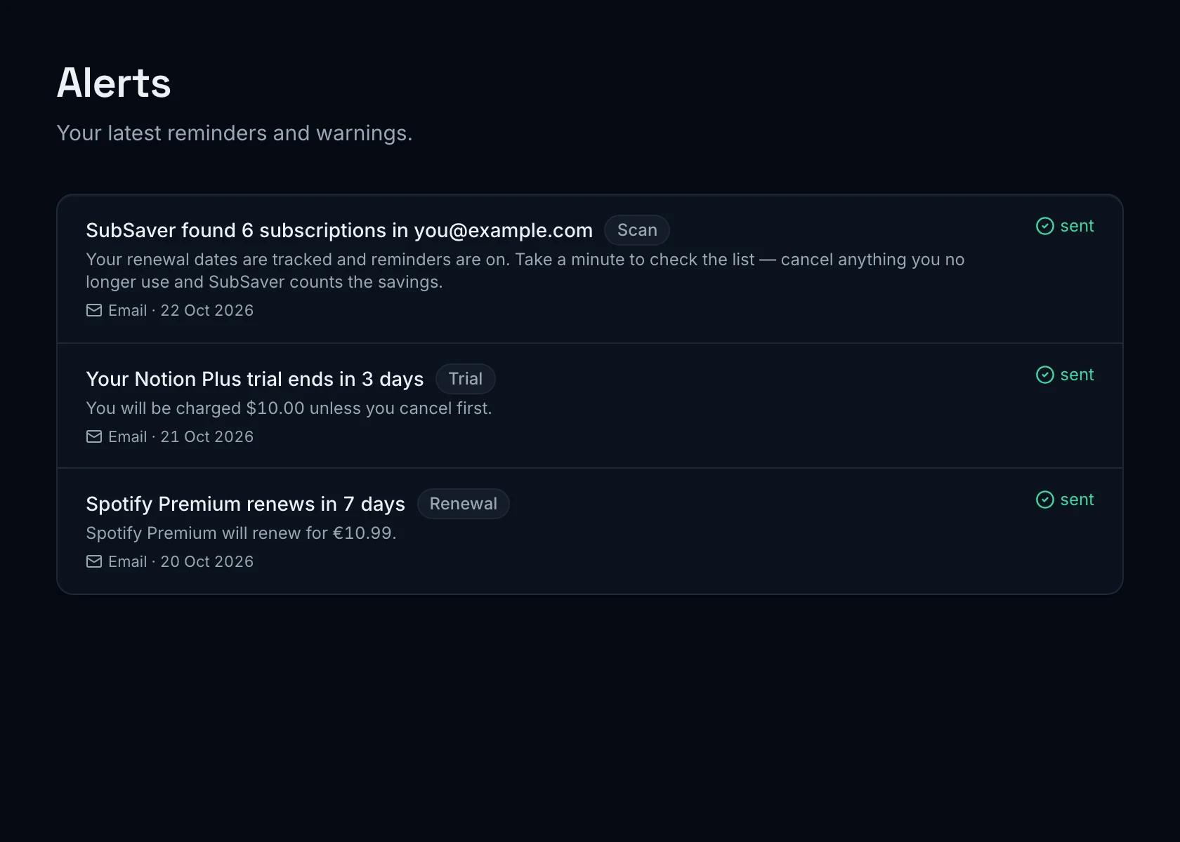 Alerts in SubSaver: reminders sent before a free trial ends and before a subscription renews.