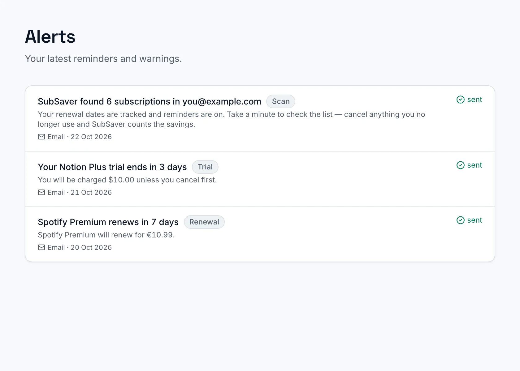 Alerts in SubSaver: reminders sent before a free trial ends and before a subscription renews.