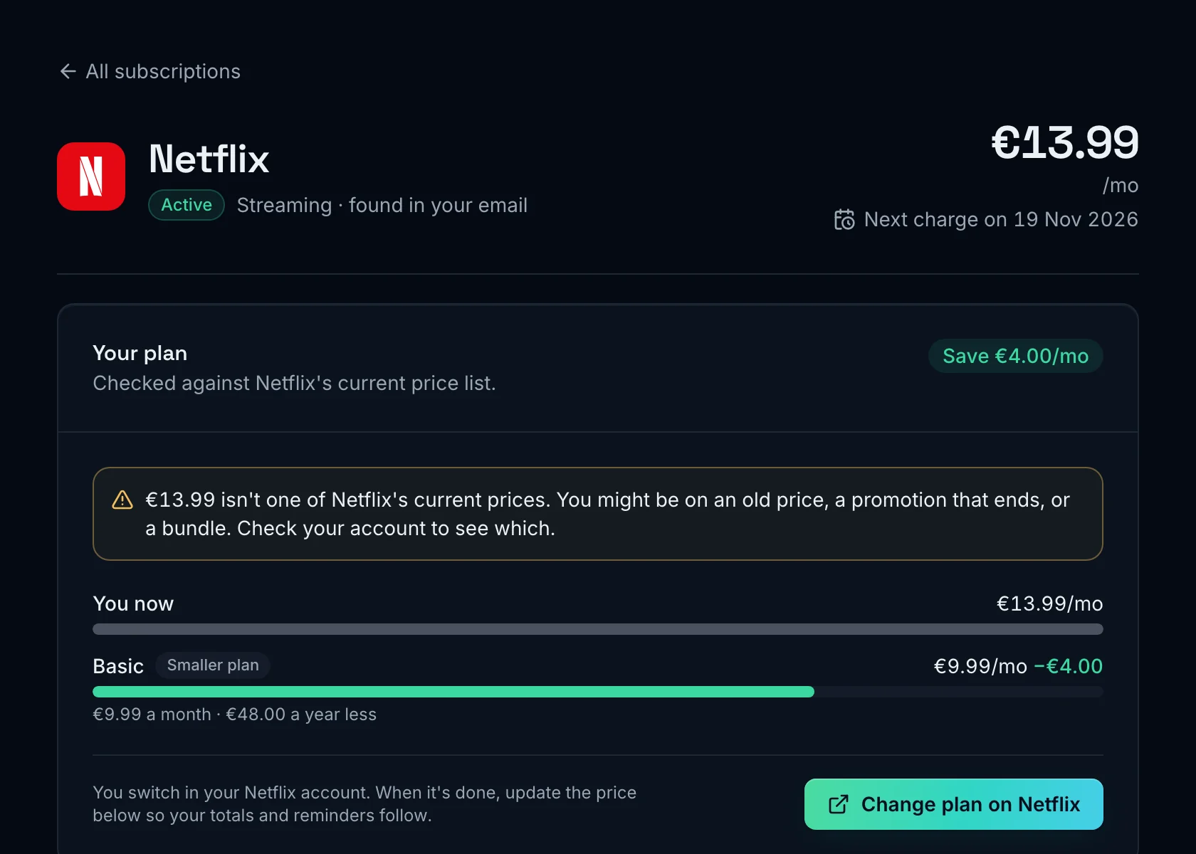 A subscription's page in SubSaver, with its price, the next charge date and a cheaper plan from the service's price list.