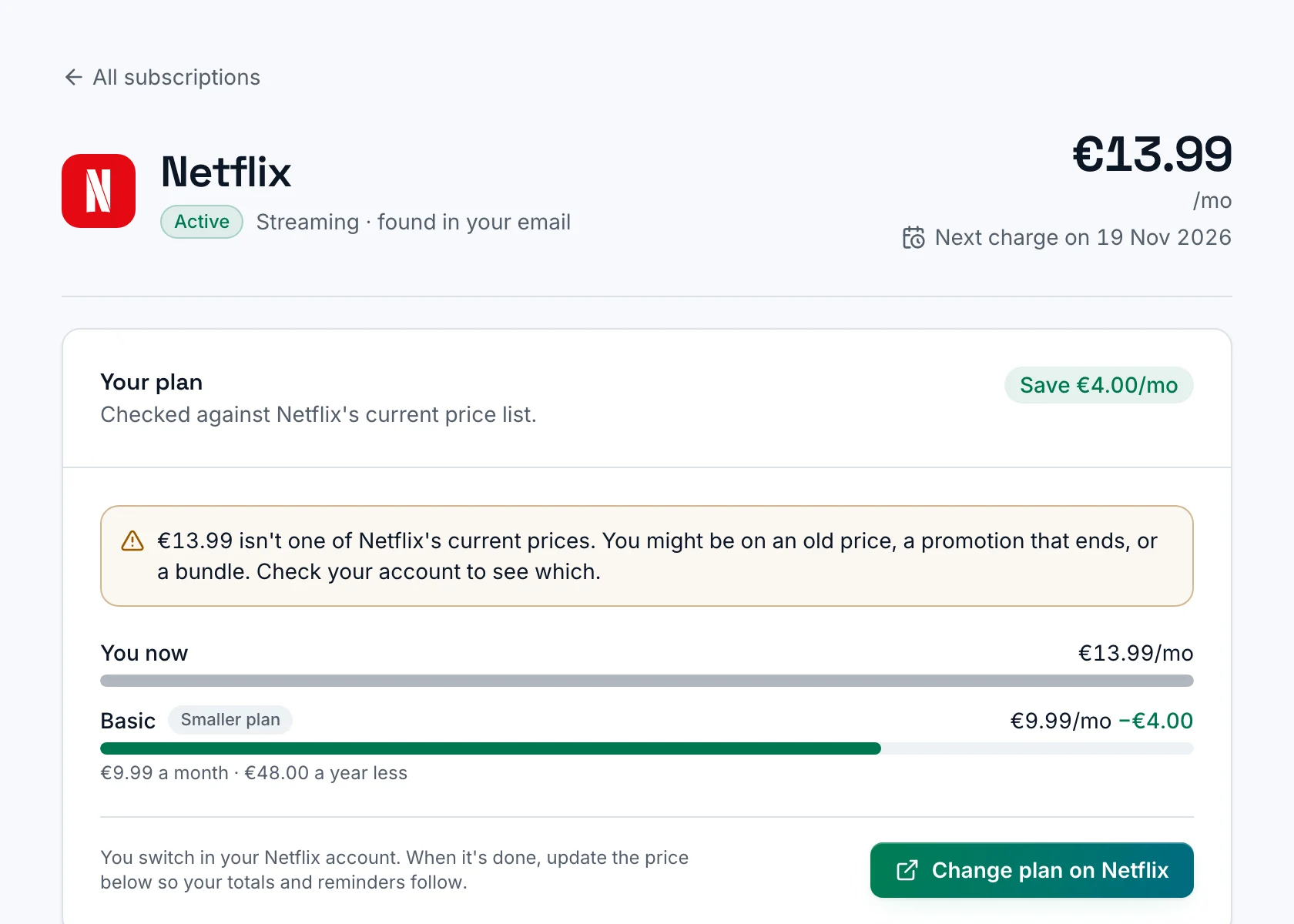 A subscription's page in SubSaver, with its price, the next charge date and a cheaper plan from the service's price list.