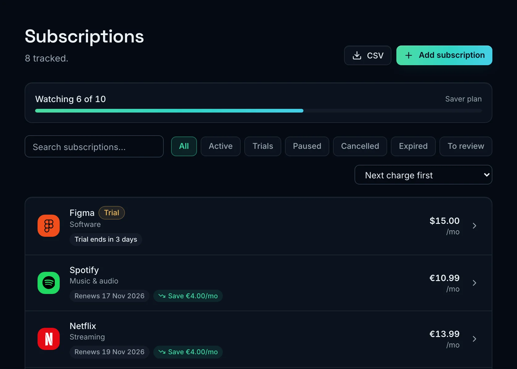 The subscription list in SubSaver, with each service's price and next charge.