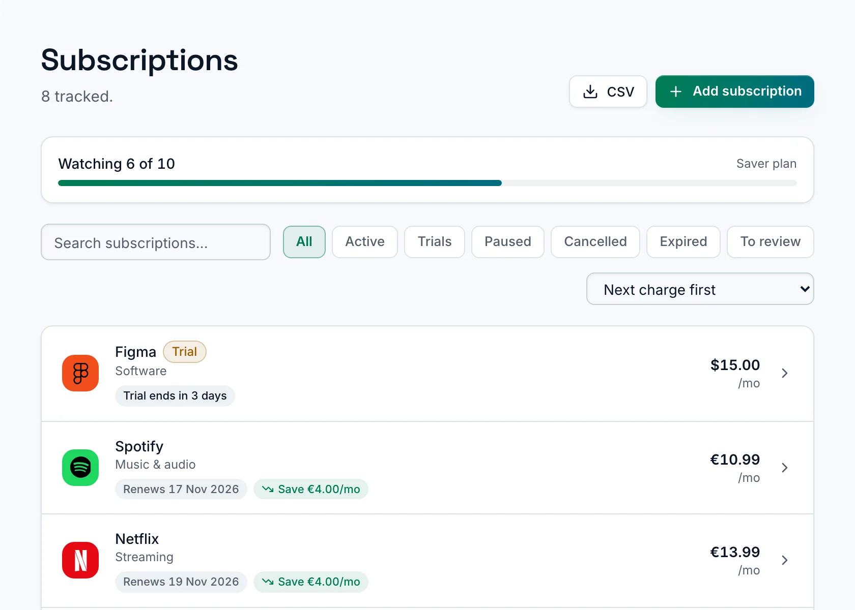 The subscription list in SubSaver, with each service's price and next charge.